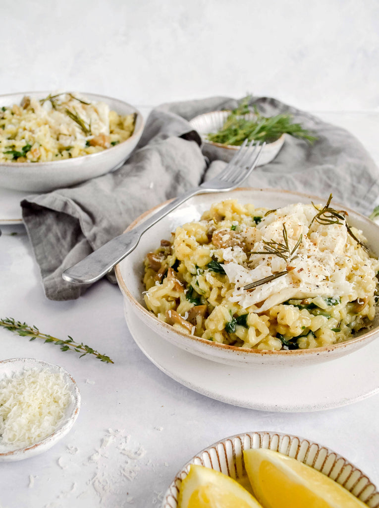 Mushroom and Spinach Risotto served with Baked Cod
